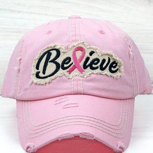 DISTRESSED PINK 'BELIEVE' PINK RIBBON CAP